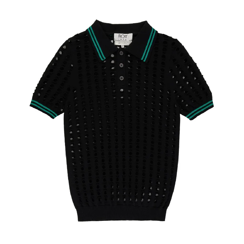 OPEN MESH KNITTED POLO T-SHIRT - BLACK