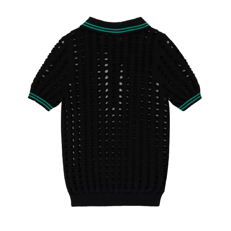 OPEN MESH KNITTED POLO T-SHIRT - BLACK