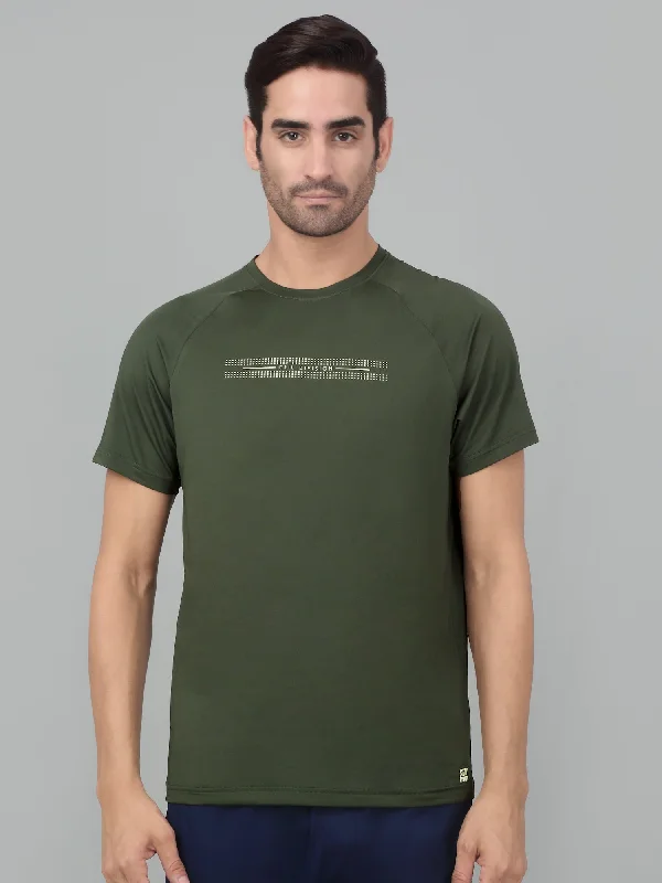 Cantabil Men's Olive Green Printed Half Sleeve Stretchable Activewear T-shirt