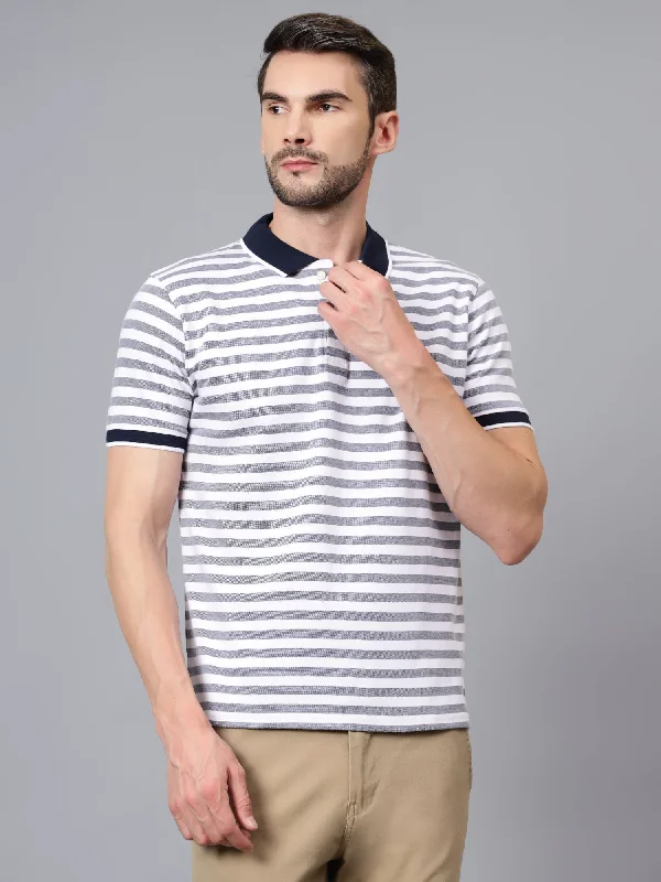 Cantabil Men's White Striped Polo Neck Half Sleeve T-shirt