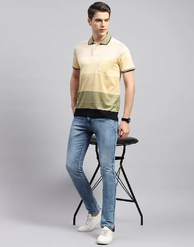 Men Beige Stripe Collar Neck Half Sleeve T-Shirt