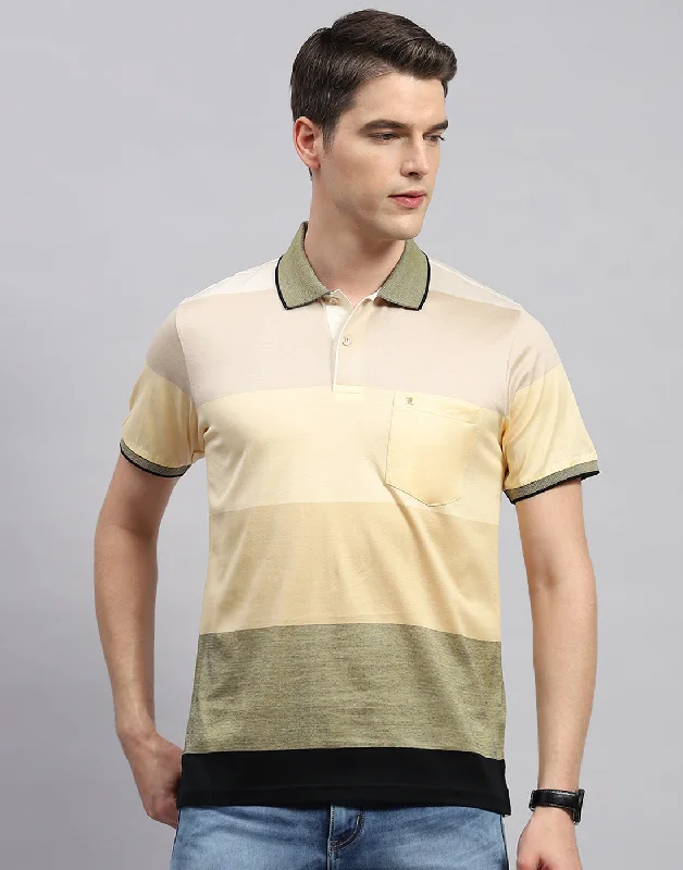 Men Beige Stripe Collar Neck Half Sleeve T-Shirt