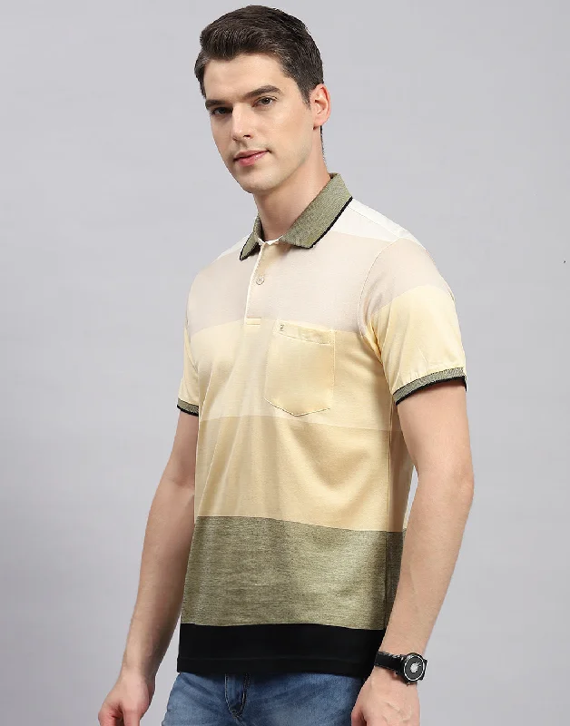 Men Beige Stripe Collar Neck Half Sleeve T-Shirt