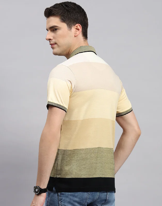 Men Beige Stripe Collar Neck Half Sleeve T-Shirt