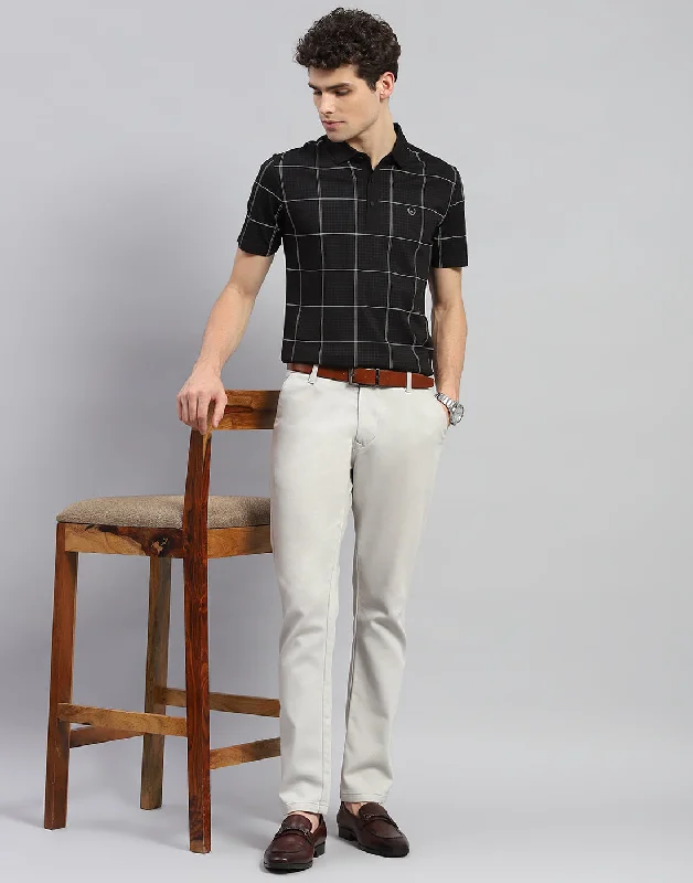 Men Black Check Polo Collar Half Sleeve T-Shirt