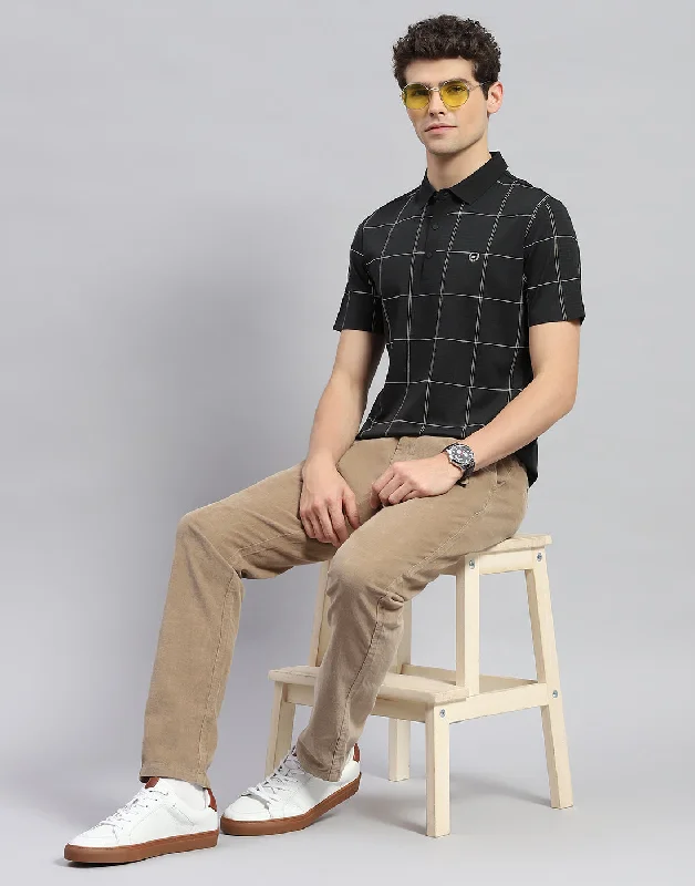 Men Black Check Polo Collar Half Sleeve T-Shirt