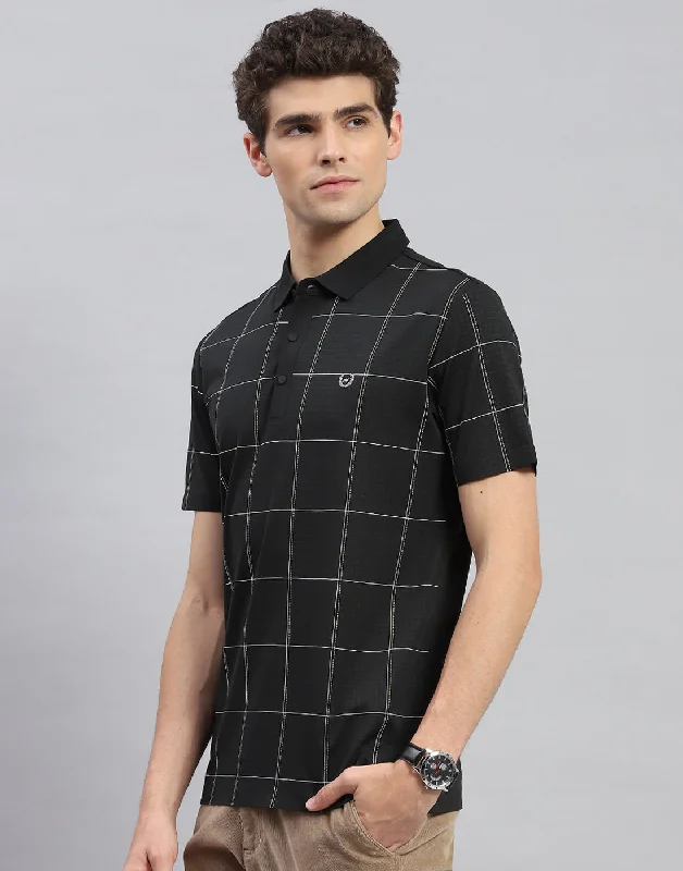 Men Black Check Polo Collar Half Sleeve T-Shirt