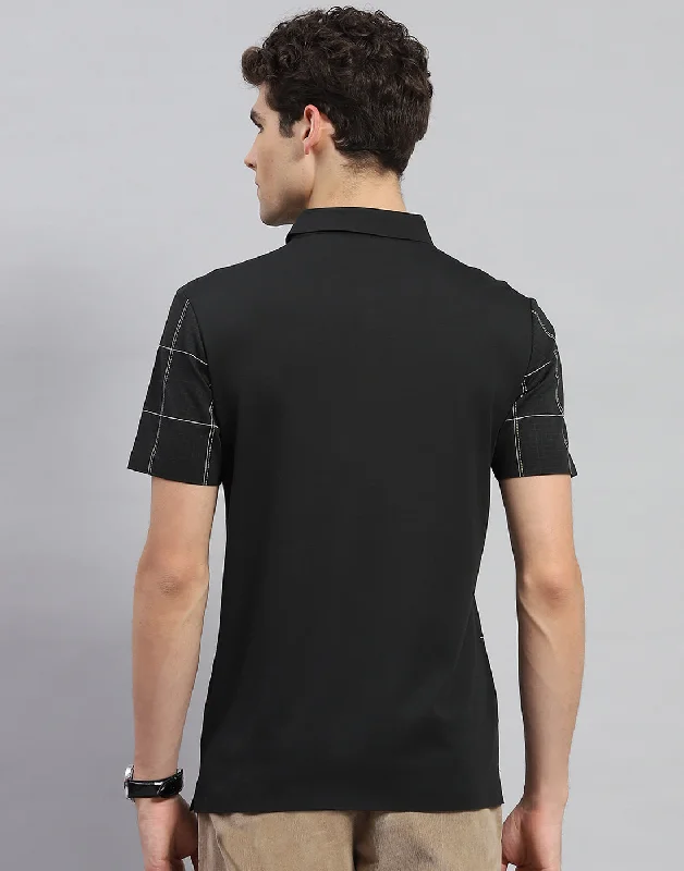 Men Black Check Polo Collar Half Sleeve T-Shirt