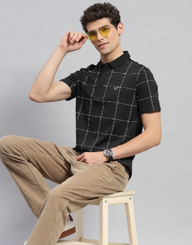 Men Black Check Polo Collar Half Sleeve T-Shirt