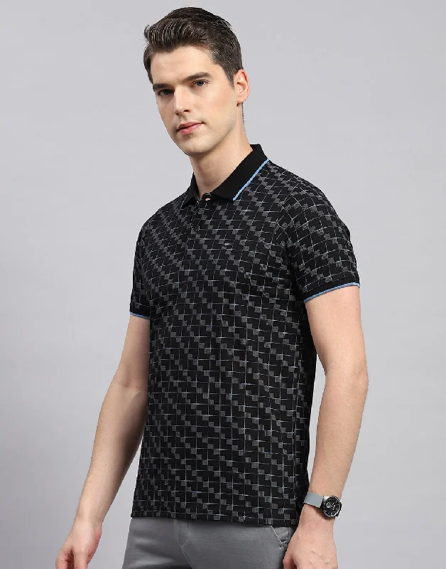 Men Black Printed Polo Collar Half Sleeve T-Shirt