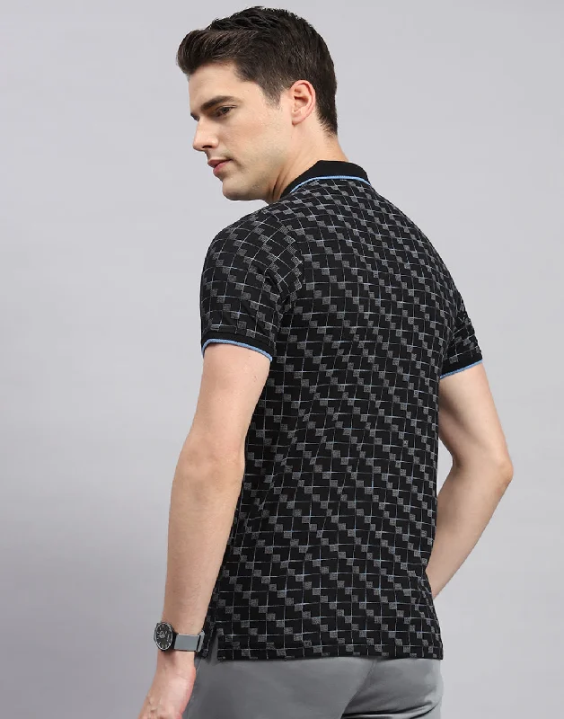 Men Black Printed Polo Collar Half Sleeve T-Shirt