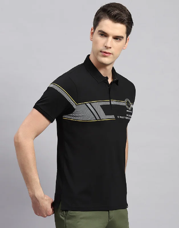 Men Black Printed Polo Collar Half Sleeve T-Shirt