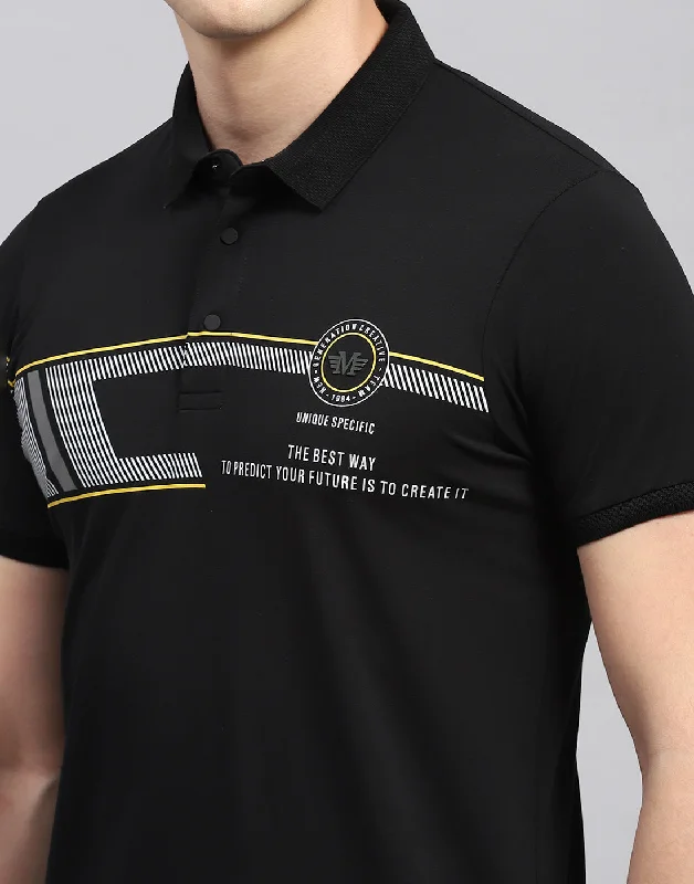 Men Black Printed Polo Collar Half Sleeve T-Shirt