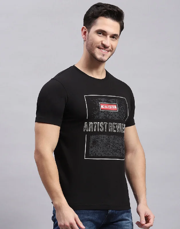 Men Black Printed Round Neck Half Sleeve T-Shirt