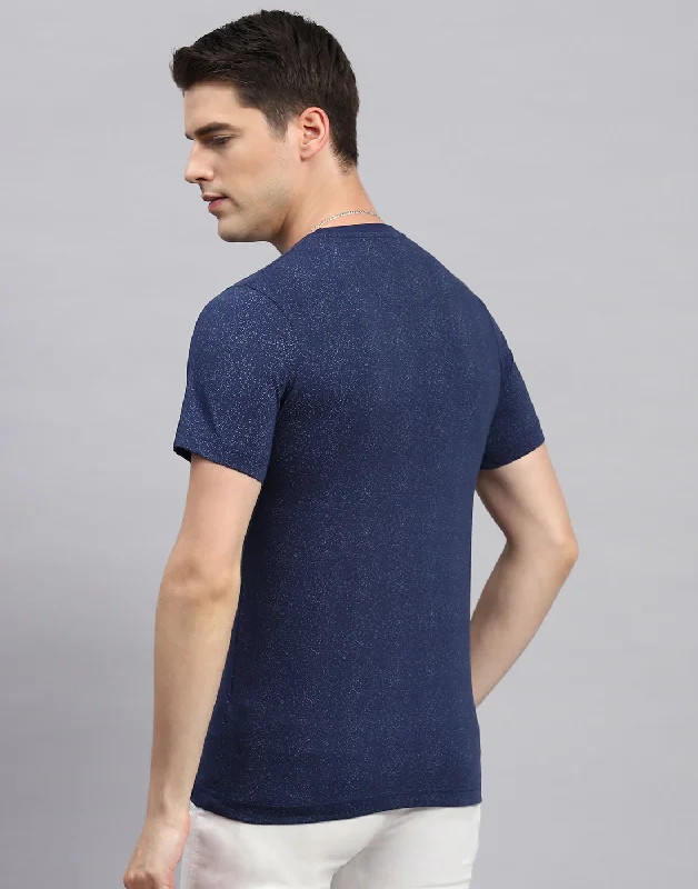 Men Blue Printed Round Neck Half Sleeve T-Shirt