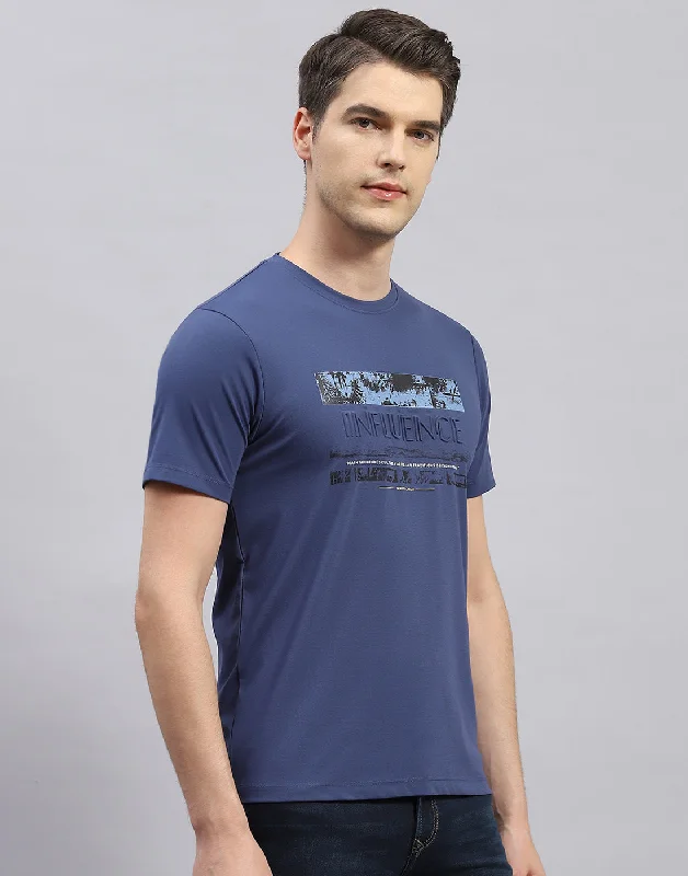 Men Blue Printed Round Neck Half Sleeve T-Shirt