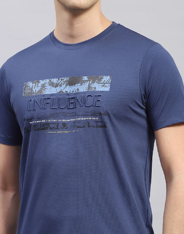 Men Blue Printed Round Neck Half Sleeve T-Shirt