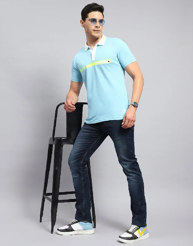 Men Blue Solid Collar Half Sleeve T-Shirt