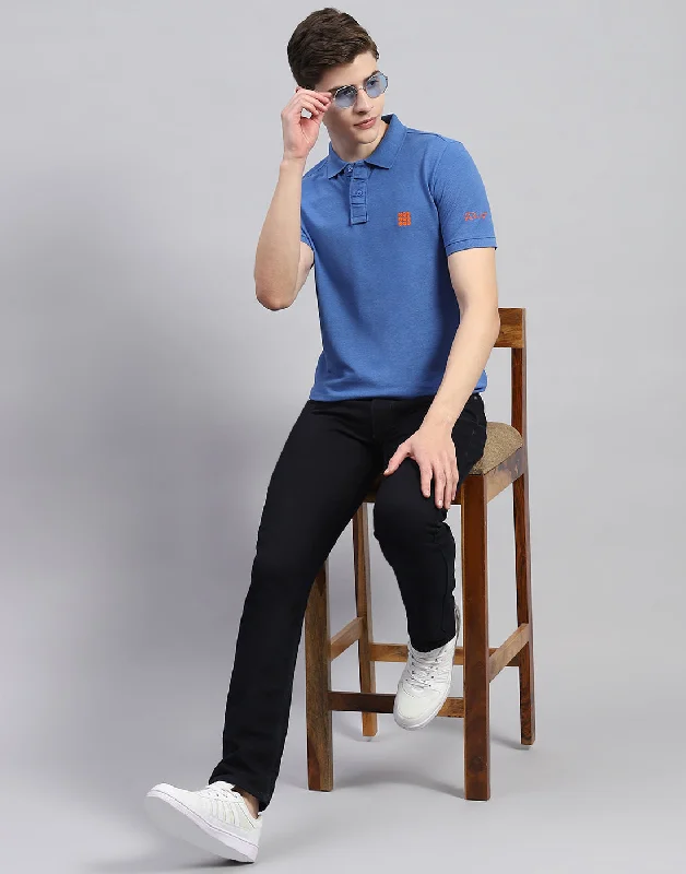 Men Blue Solid Polo Collar Half Sleeve T-Shirt