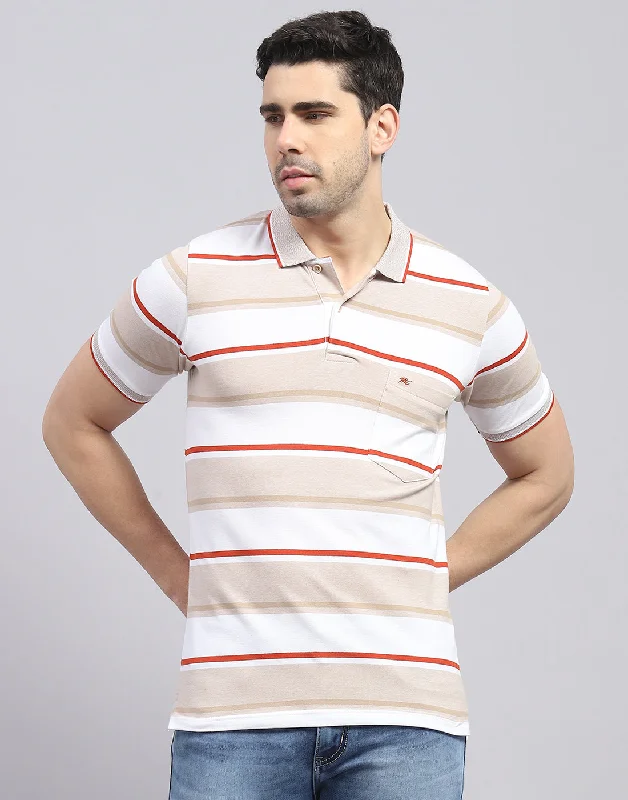 Men Brown Stripe Polo Collar Half Sleeve T-Shirt