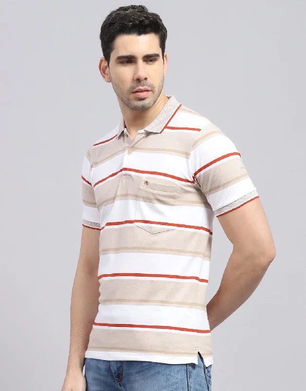 Men Brown Stripe Polo Collar Half Sleeve T-Shirt