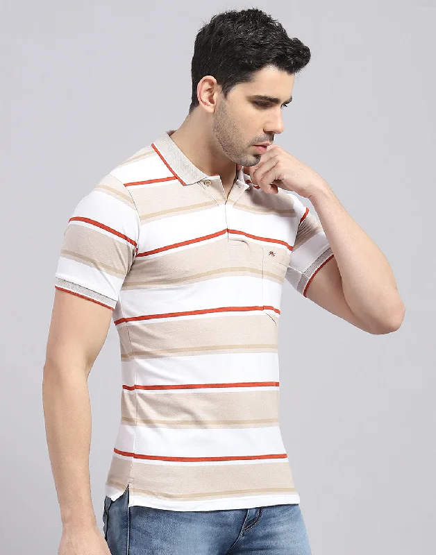 Men Brown Stripe Polo Collar Half Sleeve T-Shirt