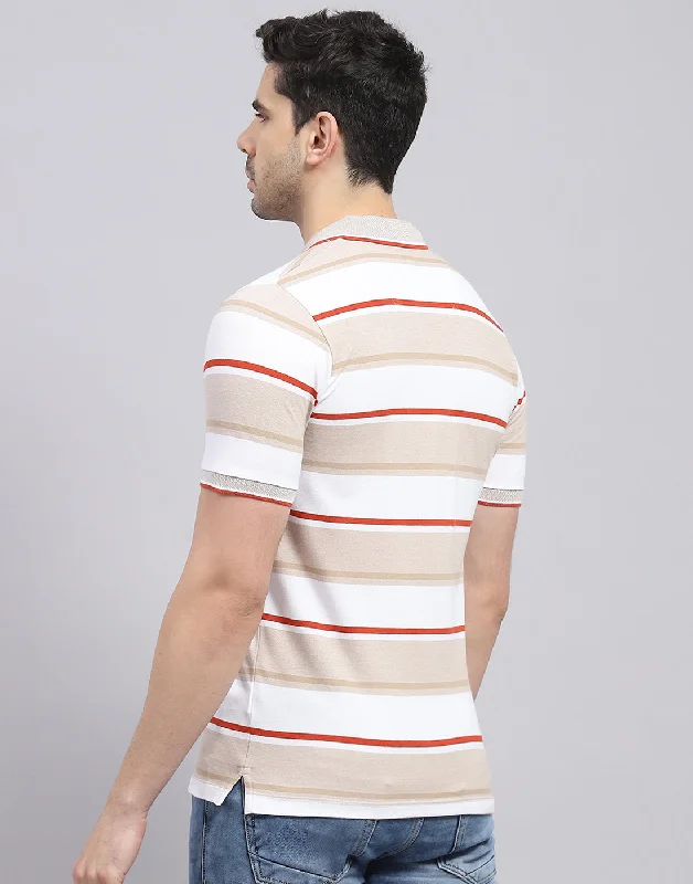 Men Brown Stripe Polo Collar Half Sleeve T-Shirt