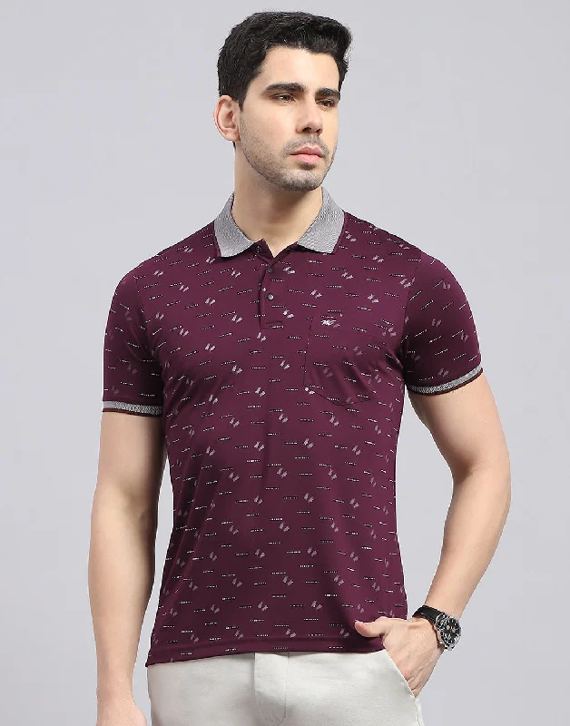 Men Burgundy Printed Polo Collar Half Sleeve T-Shirt