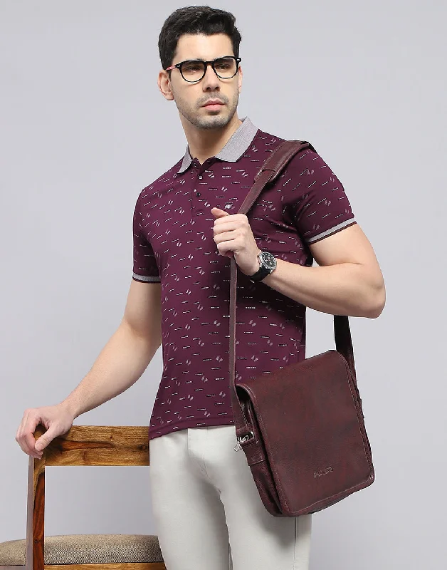 Men Burgundy Printed Polo Collar Half Sleeve T-Shirt