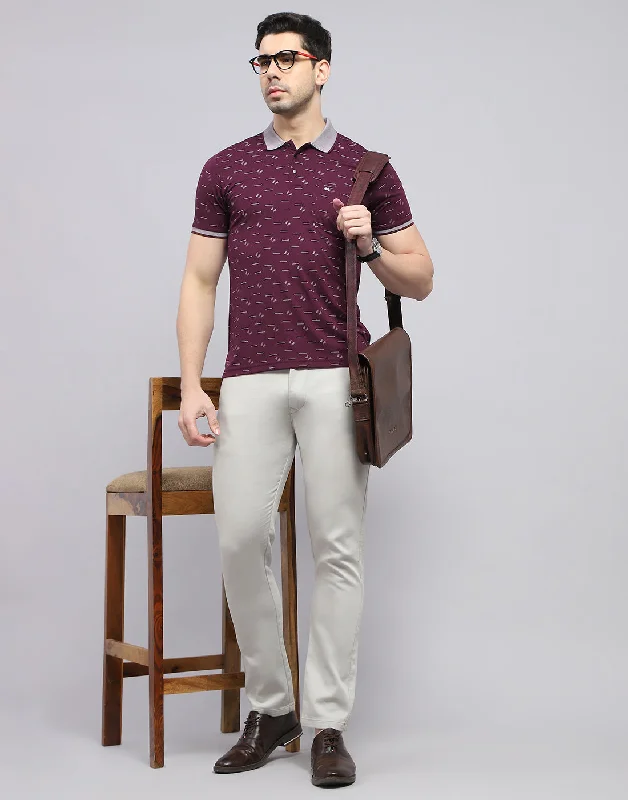 Men Burgundy Printed Polo Collar Half Sleeve T-Shirt