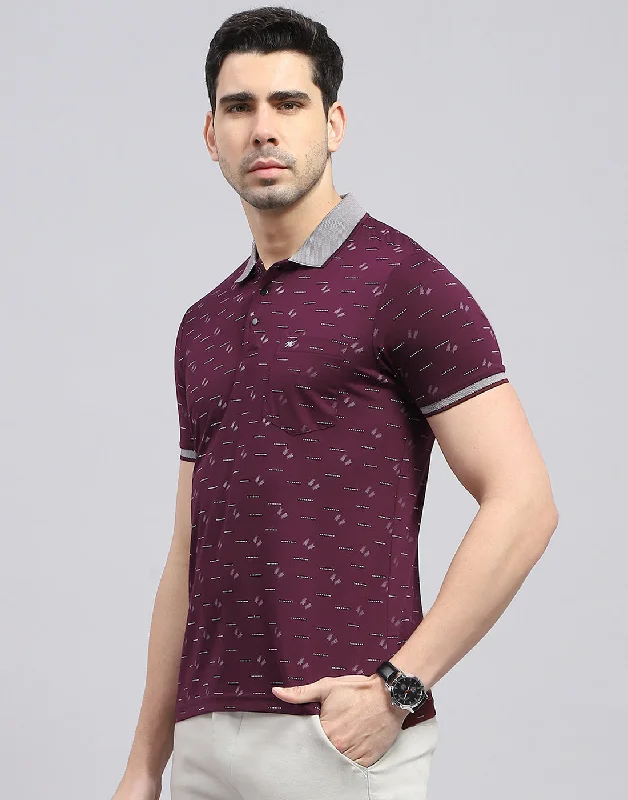 Men Burgundy Printed Polo Collar Half Sleeve T-Shirt