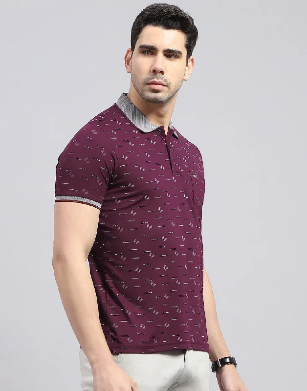 Men Burgundy Printed Polo Collar Half Sleeve T-Shirt