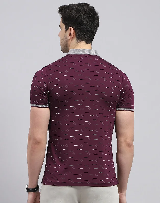 Men Burgundy Printed Polo Collar Half Sleeve T-Shirt