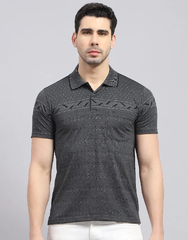 Men Charcoal Printed Polo Collar Half Sleeve T-Shirt