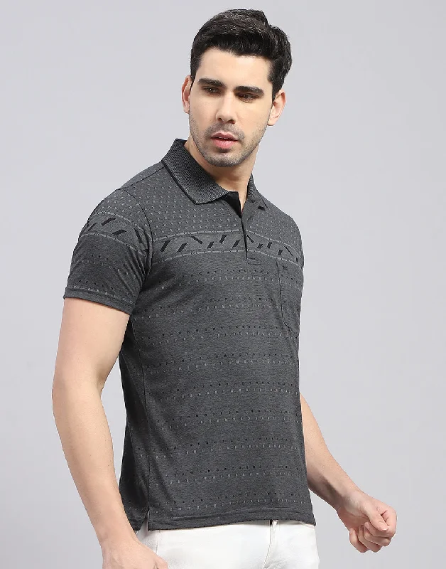 Men Charcoal Printed Polo Collar Half Sleeve T-Shirt