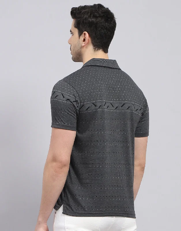 Men Charcoal Printed Polo Collar Half Sleeve T-Shirt