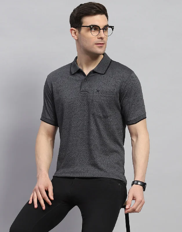 Men Charcoal Printed Polo Collar Half Sleeve T-Shirt