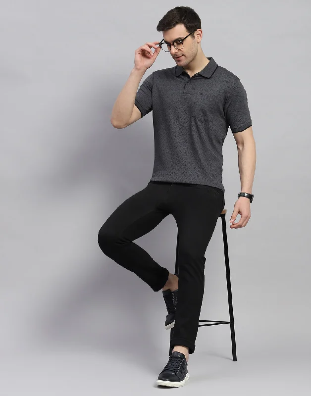 Men Charcoal Printed Polo Collar Half Sleeve T-Shirt