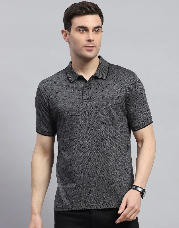 Men Charcoal Printed Polo Collar Half Sleeve T-Shirt