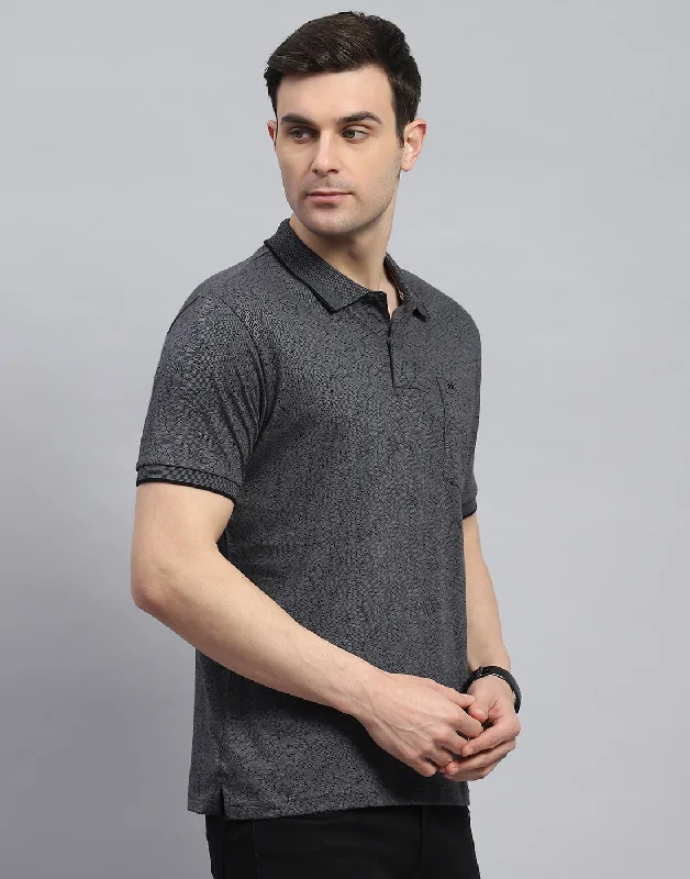 Men Charcoal Printed Polo Collar Half Sleeve T-Shirt