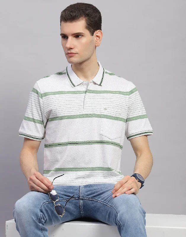 Men Green Stripe Collar Half Sleeve T-Shirt