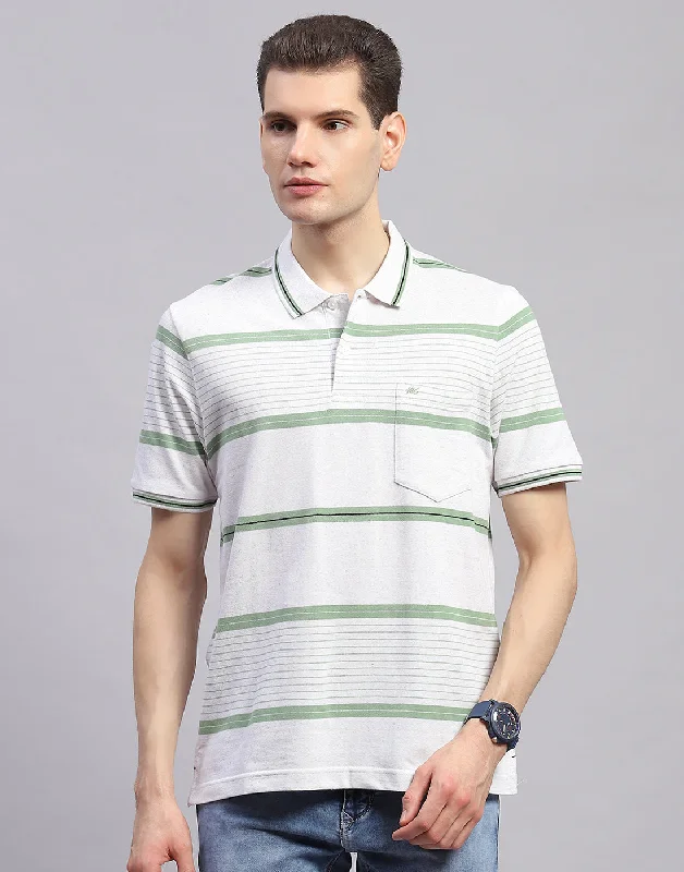 Men Green Stripe Collar Half Sleeve T-Shirt