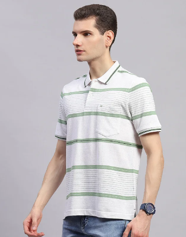 Men Green Stripe Collar Half Sleeve T-Shirt