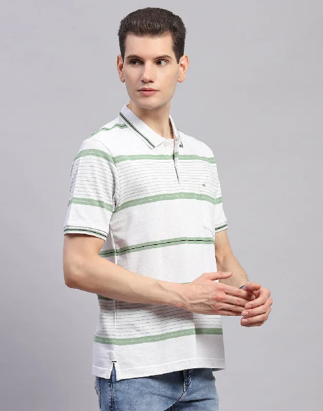 Men Green Stripe Collar Half Sleeve T-Shirt