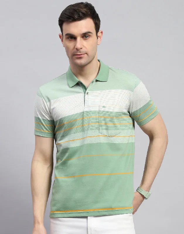 Men Green Stripe Polo Collar Half Sleeve T-Shirt