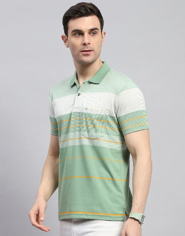 Men Green Stripe Polo Collar Half Sleeve T-Shirt