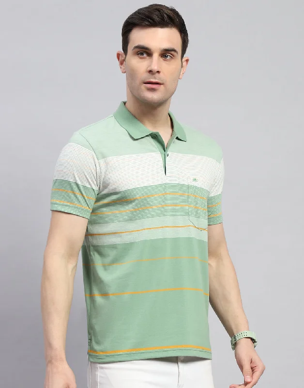 Men Green Stripe Polo Collar Half Sleeve T-Shirt