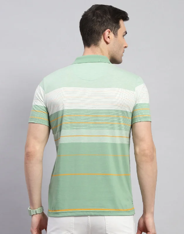 Men Green Stripe Polo Collar Half Sleeve T-Shirt