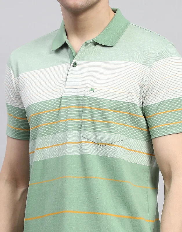 Men Green Stripe Polo Collar Half Sleeve T-Shirt