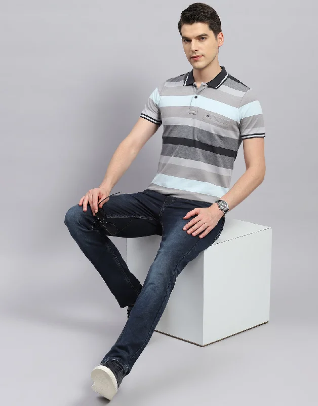 Men Grey Stripe Polo Collar Half Sleeve T-Shirt